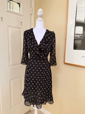 Ann Taylor LOFT Black Midi Wrap Dress with Polka Dot Pattern Size 0/Small